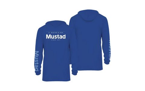 MUSTAD MODRÉ ZNAČKOVÉ TRIČKO S DLHÝMI RUKÁVMI A KAPUCŇOU - REPREVE+SPANDEX UV TRIČKO MUSTAD MODRÉ ZNAČKOVÉ TRIČKO S DLHÝMI RUKÁVMI A KAPUCŇOU - REPREVE+SPANDEX UV TRIČKO