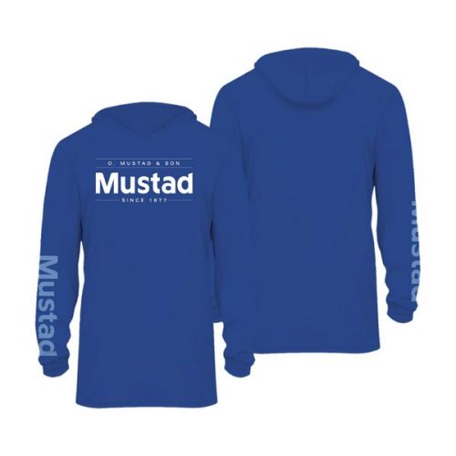 MUSTAD MODRÉ ZNAČKOVÉ TRIČKO S DLHÝMI RUKÁVMI A KAPUCŇOU - REPREVE+SPANDEX UV TRIČKO